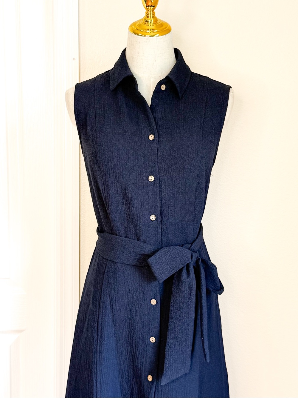Anne Klein Navy Textured Belted Maxi Shirt Dress Size 4